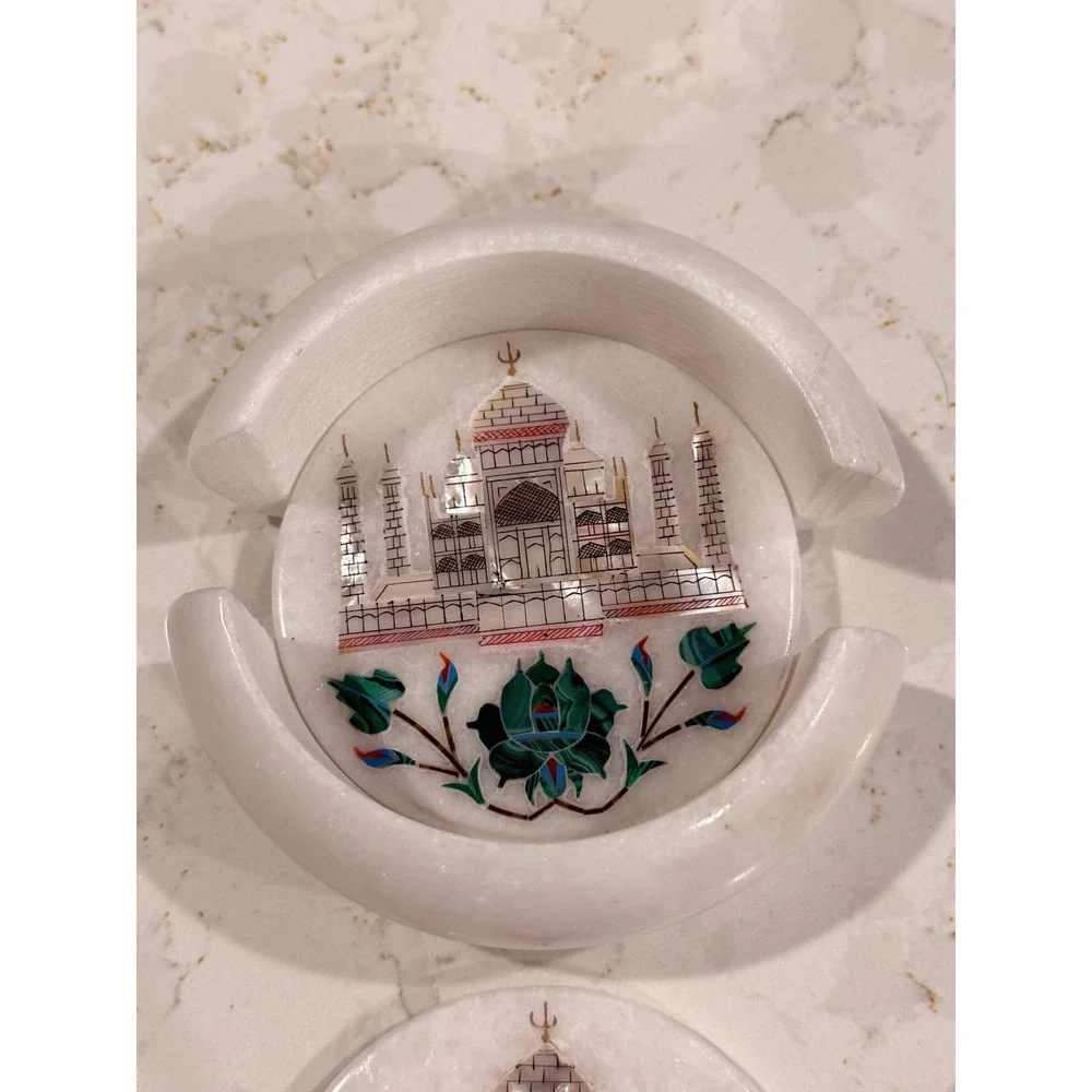 Rare Handmade White Marble Taj Mahal Indian Mother Of Pearl‎ Coaster Set of 6